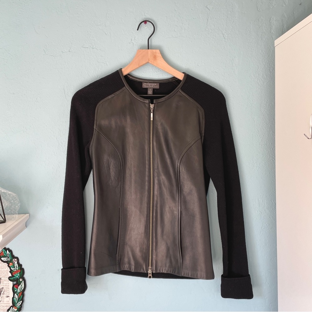 classiques entier black wool leather ribbed moto jacket. classic chic merino